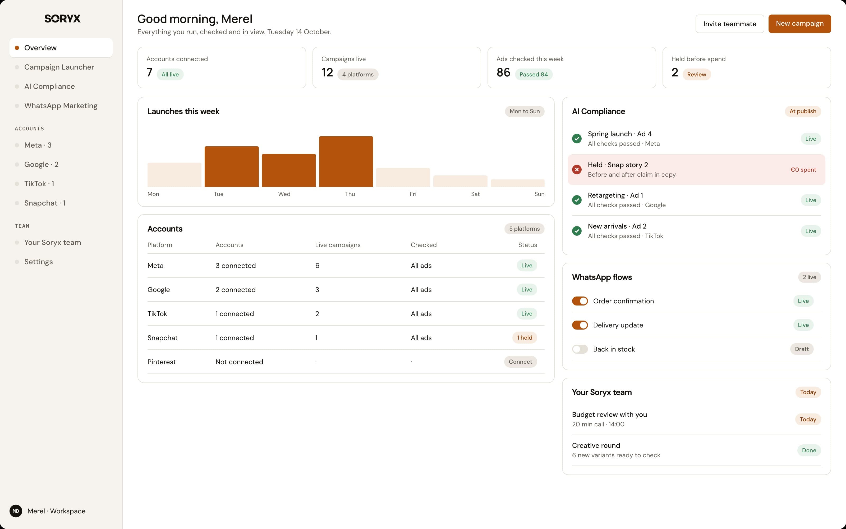 The Soryx overview: accounts per platform, launches this week, the AI Compliance feed, WhatsApp flows and the team plan